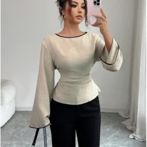 Siren Gaze Women's Round Neck Ruffle Cuff Flare Sleeve Pleated Fashion Blouse Winter Casual Spring