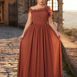 Aureia Plus Size Elegant Romantic Coral Orange Asymmetric Sleeve Top With Floral Applique