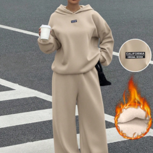 Muchica Women's Khaki Thermal Lined Casual Loose Hoodie And Sweatpants 2 Pieces Set
